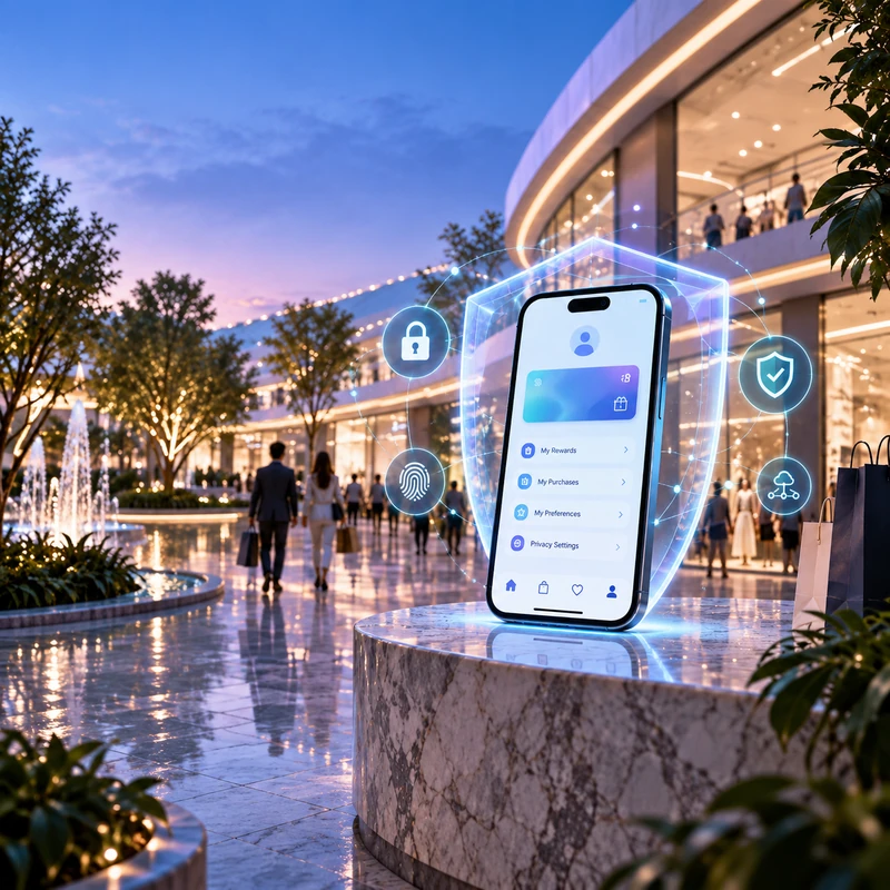 Un’app protetta da uno scudo digitale, nel contesto del centro commerciale