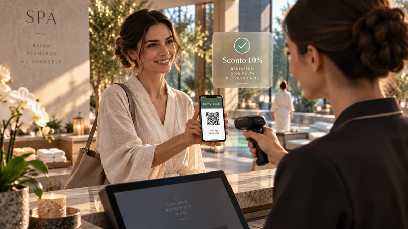 Una cliente utilizza i vantaggi del club presso una spa del territorio mostrando il QR sul telefono